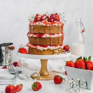 gluten free almond cake with strawberry swiss meringue buttercream