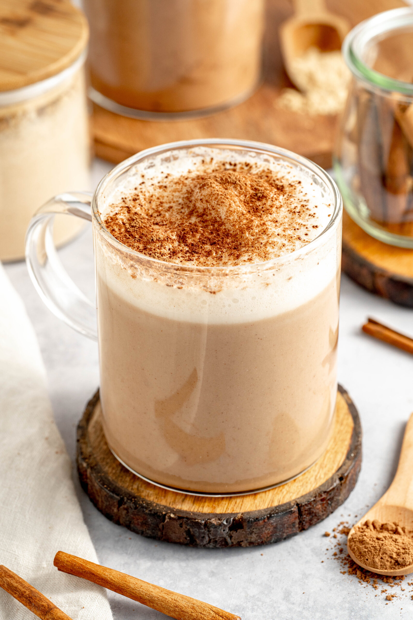 easy hormone-healing maca latte with protein and warming spices like cinnamon, vanilla, and a dash of cacao powder